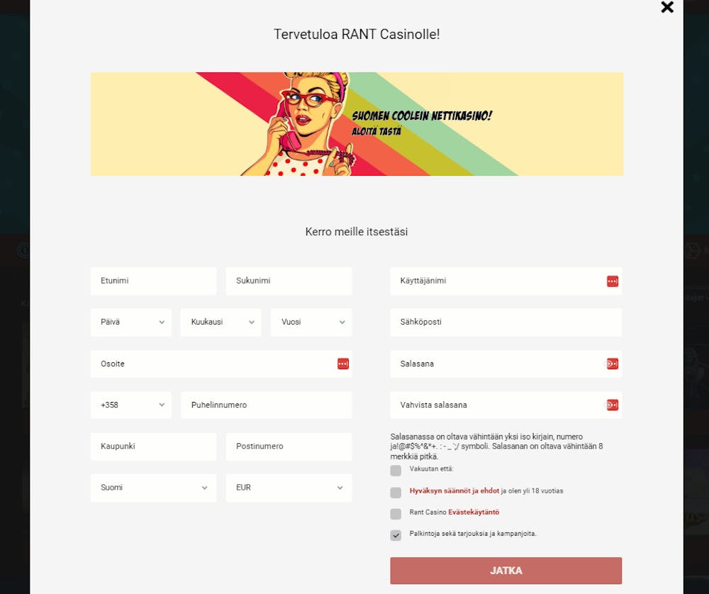 Rekisteröityminen ja pelitilin luonti RANT Casinolle.