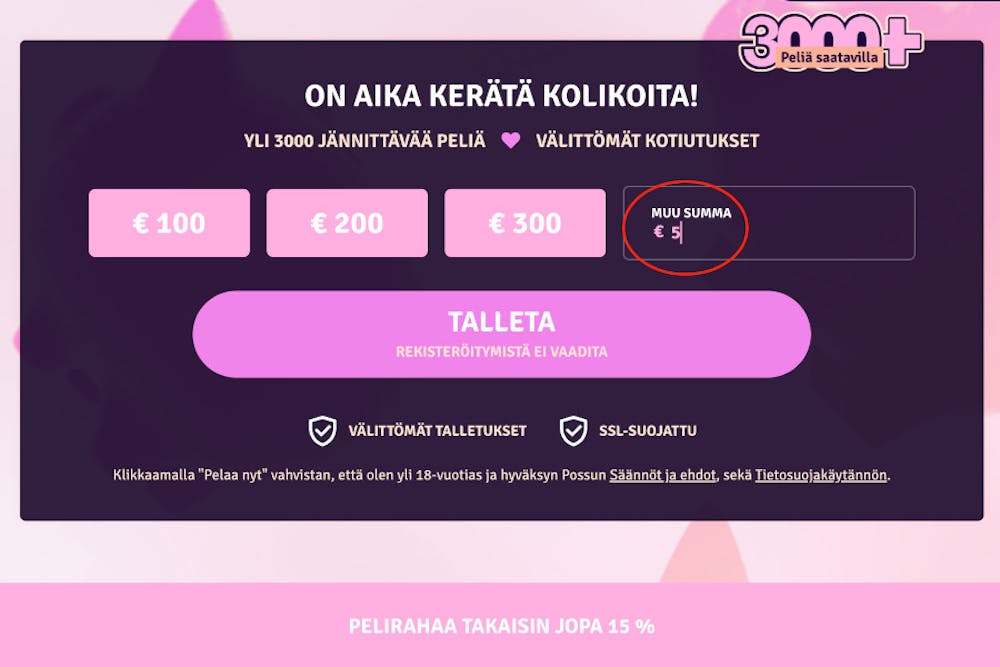 Minimitalletus 5e - Talletusikkunassa summan voi lisätä manuaalisesti - kuvassa Possu Kasinon talletusikkuna ja 5€ talletus