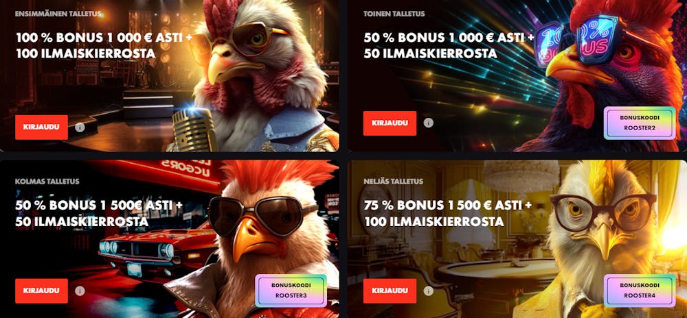 Tervetuliais tarjous Rooster bet casinolla.