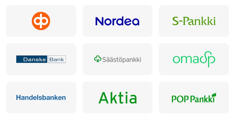 Pay N Play kasinot: Suomalaiset verkkopankit - kuvassa pankkien logot, OP, Nordea, S-pankki, Danske Bank, Säästöpankki, Oma Op, Handelsbanken, Aktia, POP Pankki