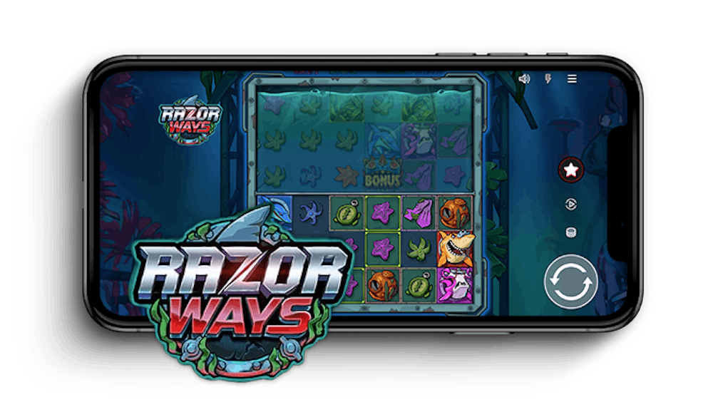 Razor Ways kolikkopeli puhelimen näytöllä ja Razor Ways logo