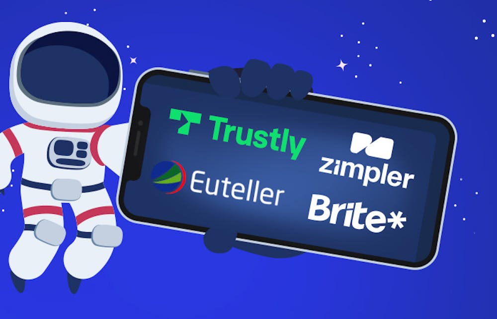 Maksutavat Pay N Play kasinoilla - Trustly, Euteller, Zimpler, Brite - kuvassa astronautti, jolla on kädessä älypuhelin ja sen näytöllä eri maksutapojen logot
