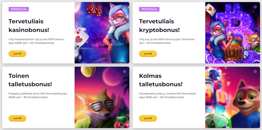 FoxyPlay nettikasinon tervetuliaisbonukset.