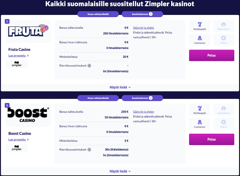 Zimpler kasinot vertailulistasta