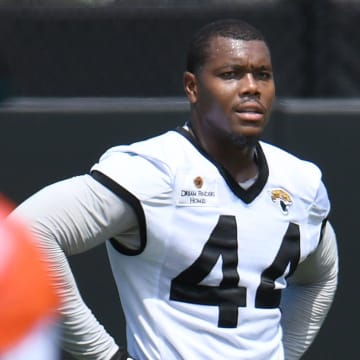 Jacksonville Jaguars linebacker Travon Walker (44) on the field during the organized team activity session Monday, June 3, 2024 at EverBank StadiumÕs Miller Electric Center in Jacksonville, Fla. [Bob Self/Florida Times-Union]