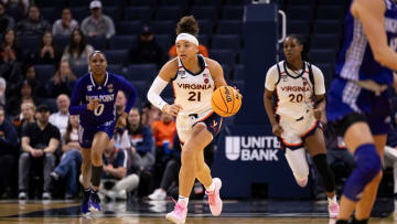 Kymora Johnson handles the ball during the Virginia women's basketball game against High Point at John Paul Jones Arena.