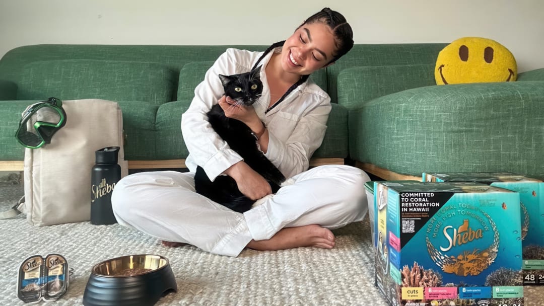 Auliʻi Cravalho and her cat, Rocco image. Image Credit to The Sheba Brand. 