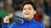 Carlos Edriel Yulo of the Philippines celebrates after winning the gold medal for vault on the second day of the gymnastics event finals during the Paris 2024 Olympic Summer Games.