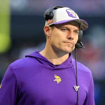 Nov 5, 2023; Atlanta, Georgia, USA; Minnesota Vikings head coach Kevin O'Connell on the sideline against the Atlanta Falcons in the second half at Mercedes-Benz Stadium. Mandatory Credit: Brett Davis-USA TODAY Sports