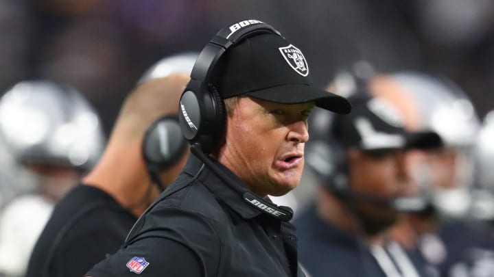 Sep 13, 2021; Paradise, Nevada, USA; Las Vegas Raiders head coach Jon Gruden reacts against the Baltimore Ravens at Allegiant Stadium. Mandatory Credit: Mark J. Rebilas-USA TODAY Sports