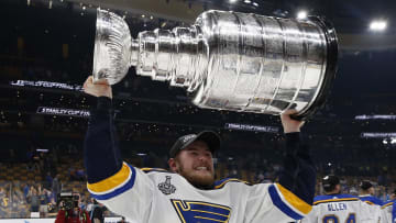 St. Louis Blues center Ivan Barbashev hoists the Stanley Cup after defeating the Boston Bruins in game seven of the 2019 Stanley Cup Final at TD Garden.