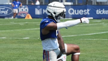 East Rutherford, NJ -- August 1, 2024 -- Wide receiver, Malik Nabers makes this TD catch from a Daniel Jones pass during practice today at training camp for the New York Giants.