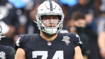 Oct 25, 2020; Paradise, Nevada, USA; Las Vegas Raiders offensive tackle Kolton Miller (74) against the Tampa Bay Buccaneers at Allegiant Stadium. Mandatory Credit: Mark J. Rebilas-USA TODAY Sports