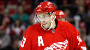 Apr 1, 2016; Detroit, MI, USA; Detroit Red Wings center Pavel Datsyuk (13) looks on during the second period against the Minnesota Wild at Joe Louis Arena. The Red Wings won 3-2.