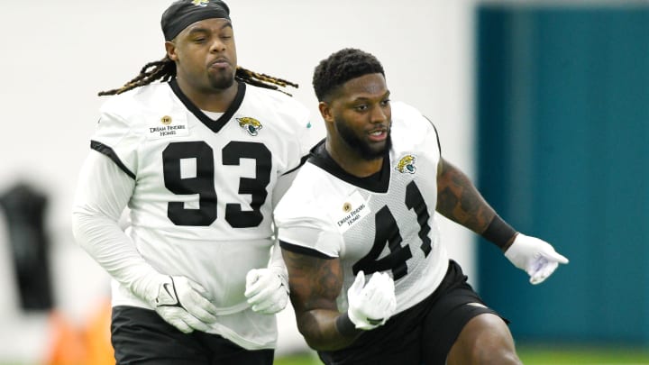 Jacksonville Jaguars defensive end Tyler Lacy (93) and linebacker Josh Allen (41) run into each other during drills. The Jacksonville Jaguars let most of the veterans off from participating in Monday's mandatory minicamp session held in the air conditioned enclosed field at EverBank Stadium's Miller Electric Center in Jacksonville, Fla. June 10, 2024.