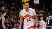 Mar 11, 2024; Denver, Colorado, USA; Toronto Raptors center Jontay Porter (34) reacts after a play in the third quarter against the Denver Nuggets at Ball Arena. Mandatory Credit: Isaiah J. Downing-USA TODAY Sports