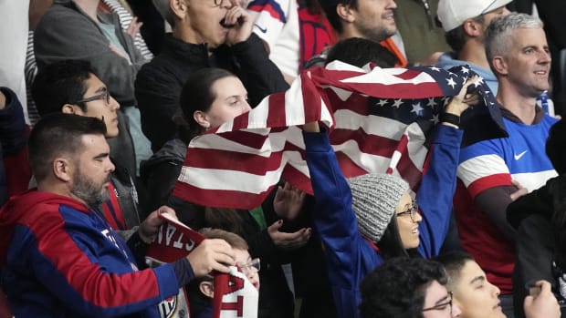 Nov 16, 2023; Austin, Texas, USA; U.S. Men's National team fans celebrate a goal in the second half of the match against Trinidad & Tobago in the Concacaf Quarterfinal at Q2 Stadium. Mandatory Credit: Scott Wachter-USA TODAY Sports