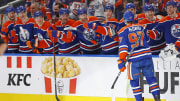 The Edmonton Oilers celebrate a goal scored by forward Connor McDavid.