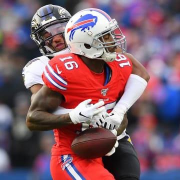 Dec 8, 2019; Orchard Park, NY,; Baltimore Ravens cornerback Marlon Humphrey (back) breaks up a pass intended for Buffalo Bills wide receiver Robert Foster (16) during the third quarter at New Era Field. 