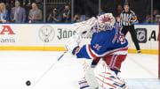 May 24, 2024; New York, New York, USA; New York Rangers goaltender Igor Shesterkin (31) plays the puck during the first period in game two of the Eastern Conference Final of the 2024 Stanley Cup Playoffs against the Florida Panthers at Madison Square Garden.