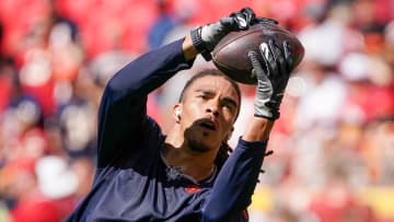 Sep 24, 2023; Kansas City, Missouri, USA; Chicago Bears wide receiver Chase Claypool (10) warms up against the Kansas City Chiefs prior to a game at GEHA Field at Arrowhead Stadium. Mandatory Credit: Denny Medley-USA TODAY Sports