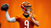 Cincinnati Bengals quarterback Joe Burrow (9) throws a pass at Bengals spring practice at the IEL Indoor Facility in Cincinnati on Tuesday, June 11, 2024.