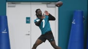 Jacksonville Jaguars wide receiver Brian Thomas (7) pulls in a pass during Friday's rookie minicamp session. The Jacksonville Jaguars held their first day of rookie minicamp inside the covered field at the Jaguars performance facility in Jacksonville, Florida Friday, May 10, 2024. [Bob Self/Florida Times-Union]