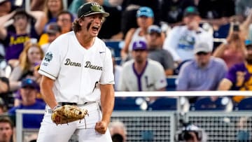 Jun 19, 2023; Omaha, NE, USA; Wake Forest Demon Deacons first baseman Nick Kurtz (8) celebrates after defeating the LSU Tigers at Charles Schwab Field Omaha. Mandatory Credit: Dylan Widger-USA TODAY Sports