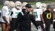 Tight end coach Drew Mehringer joins the first practice of spring for Oregon football Thursday March 16, 2023.