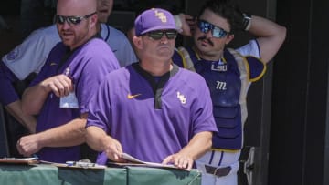 May 31, 2024; Chapel Hill, NC, USA; LSU Head Coach Jay Johnson watches during the ninth inning against the Wofford Terriers during the NCAA Regional in Chapel Hill. Mandatory Credit: Jim Dedmon-USA TODAY Sports