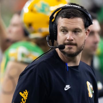 Jan 1, 2024; Glendale, AZ, USA; Oregon Ducks head coach Dan Lanning during the 2024 Fiesta Bowl against the Liberty Flames at State Farm Stadium.