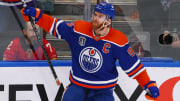 Oilers center Connor McDavid celebrates goal in the second period of Game 4 of the 2024 Stanley Cup Final at Rogers Place.