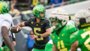 Oregon quarterback Dante Moore during the Oregon Ducks’ Spring Game Saturday, April 27. 2024 at Autzen Stadium in Eugene, Ore.