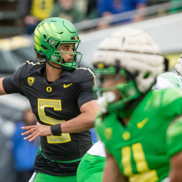 Oregon quarterback Dante Moore during the Oregon Ducks’ Spring Game Saturday, April 27. 2024 at Autzen Stadium in Eugene, Ore.