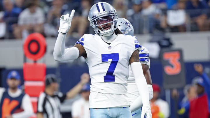 Oct 23, 2022; Arlington, Texas, USA;  Dallas Cowboys cornerback Trevon Diggs (7) reacts during the first quarter against the Detroit Lions at AT&T Stadium. Mandatory Credit: Kevin Jairaj-USA TODAY Sports