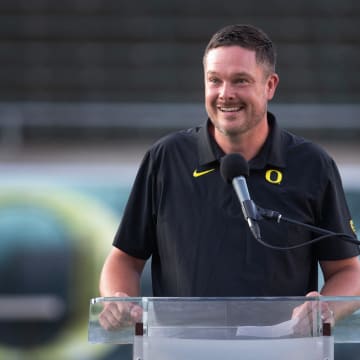 Oregon coach Dan Lanning shares stories of Khyree Jackson during a vigil at Autzen Stadium Wednesday, July 10, 2024