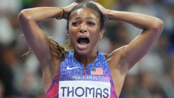 Gabrielle Thomas celebrates after winning the women's 200m final in Paris.