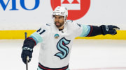 Apr 18, 2024; Saint Paul, Minnesota, USA; Seattle Kraken left wing Pierre-Edouard Bellemare (41)