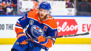 Jun 21, 2024; Edmonton, Alberta, CAN; Edmonton Oilers center Connor McDavid (97) skates during the warmup period against the Florida Panthers in game six of the 2024 Stanley Cup Final at Rogers Place. Mandatory Credit: Sergei Belski-USA TODAY Sports