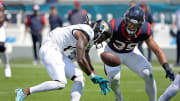 Sep 24, 2023; Jacksonville, Florida, USA; Jacksonville Jaguars wide receiver Calvin Ridley (0) drops a pass during the first half against the Houston Texans at EverBank Stadium. Mandatory Credit: Melina Myers-USA TODAY Sports