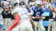 Indianapolis Colts quarterback Anthony Richardson (5) moves with the ball Sunday, Oct. 8, 2023, during a game against the Tennessee Titans at Lucas Oil Stadium in Indianapolis.