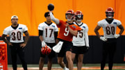 Cincinnati Bengals quarterback Joe Burrow (9) throws a pass at Bengals spring practice at the IEL Indoor Facility in Cincinnati on Wednesday, June 12, 2024.