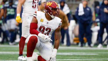 Nov 12, 2023; Seattle, Washington, USA; Washington Commanders defensive tackle Jonathan Allen (93) waits for a snap against the Seattle Seahawks during the second quarter at Lumen Field. Mandatory Credit: Joe Nicholson-USA TODAY Sports