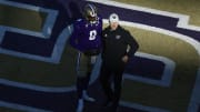 Nov 25, 2023; Seattle, Washington, USA; Washington Huskies quarterback Michael Penix Jr. (9) talks with offensive coordinator Ryan Grubb during pregame warmups against the Washington State Cougars at Alaska Airlines Field at Husky Stadium. Mandatory Credit: Joe Nicholson-USA TODAY Sports