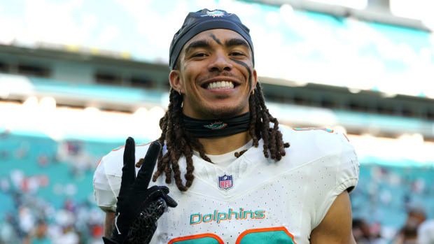 Dec 17, 2023; Miami Gardens, Florida, USA; Miami Dolphins wide receiver Chase Claypool (83) celebrates after defeating the New York Jets at Hard Rock Stadium. Mandatory Credit: Jasen Vinlove-USA TODAY Sports