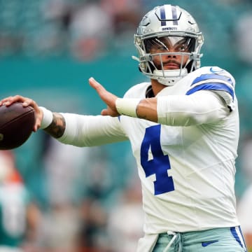 Dec 24, 2023; Miami Gardens, Florida, USA; Dallas Cowboys quarterback Dak Prescott (4) warms up prior to the game against the Miami Dolphins at Hard Rock Stadium. Mandatory Credit: Jasen Vinlove-USA TODAY Sports