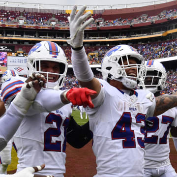 Sep 24, 2023; Landover, Maryland, USA; Buffalo Bills linebacker Terrel Bernard (43) celebrates with teammates after recovering a fumble against the Washington Commanders during the second half at FedExField. Mandatory Credit: Brad Mills-USA TODAY Sports