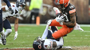 Dec 17, 2023; Cleveland, Ohio, USA; Chicago Bears safety Eddie Jackson (4) tackles Cleveland Browns wide receiver Cedric Tillman (19) during the second half at Cleveland Browns Stadium. Mandatory Credit: Ken Blaze-USA TODAY Sports