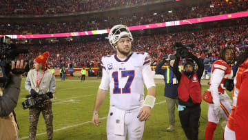 Bills quarterback Josh Allen heads off the field after a 42-36 overtime loss to the Chiefs knocked them out of the playoffs.