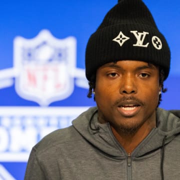 Feb 29, 2024; Indianapolis, IN, USA; Oregon defensive back Khyree Jackson (DB16) talks to the media during the 2024 NFL Combine at Lucas Oil Stadium. Mandatory Credit: Trevor Ruszkowski-USA TODAY Sports